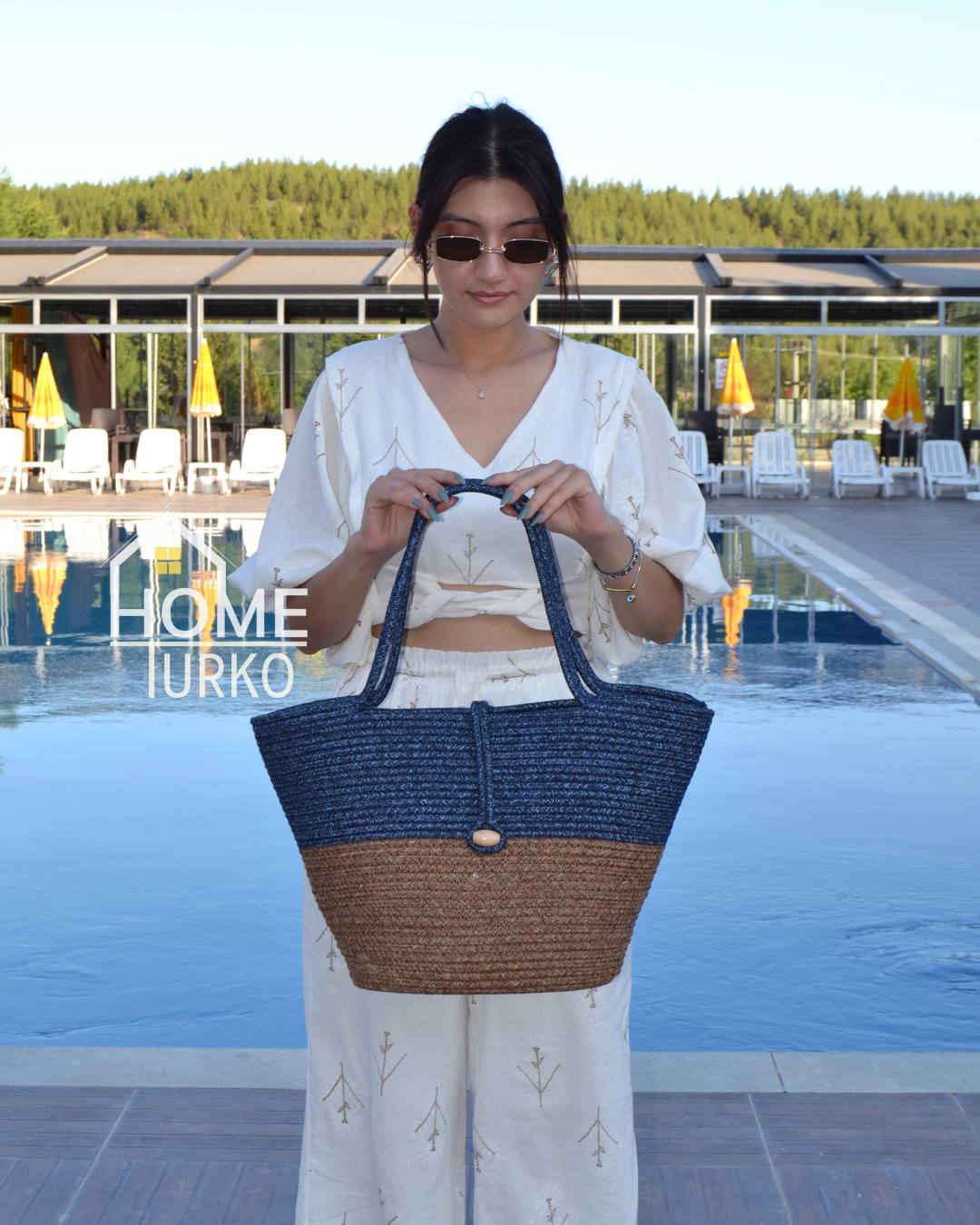 Jute Buttoned Women's Beach Bag Two-Tone Bag