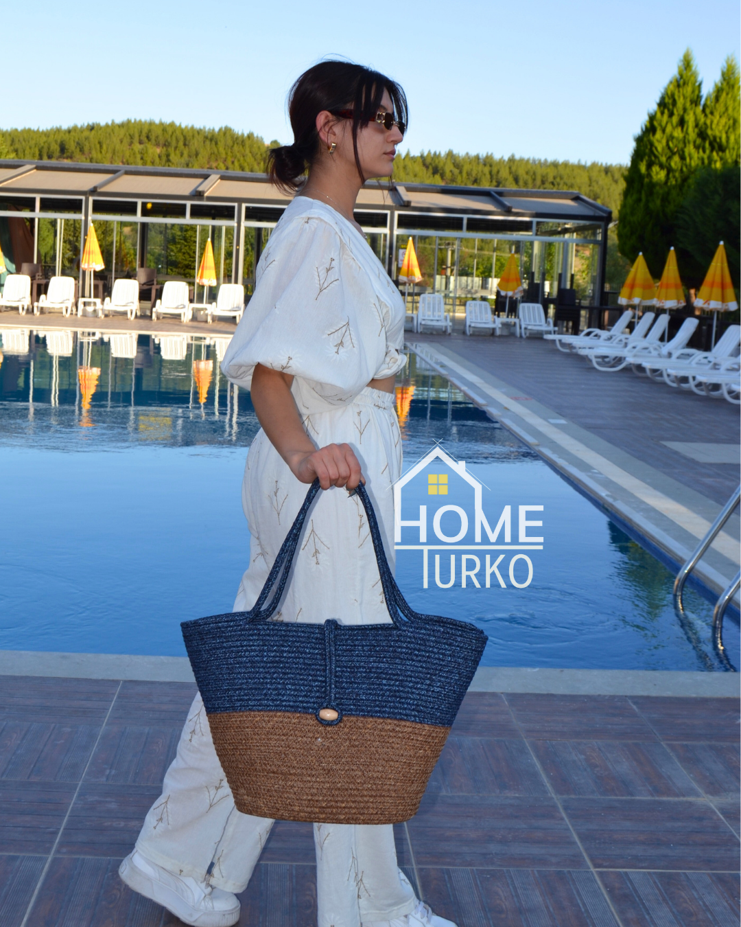 Jute Buttoned Women's Beach Bag Two-Tone Bag