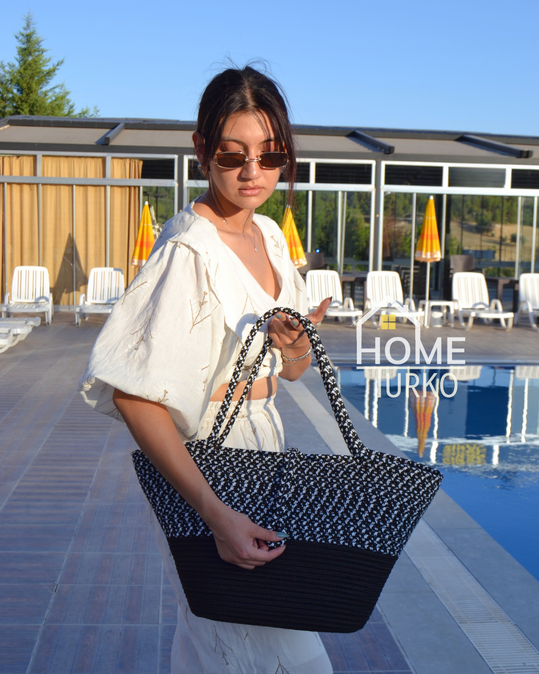 Jute Buttoned Women's Beach Bag Two-Tone Bag