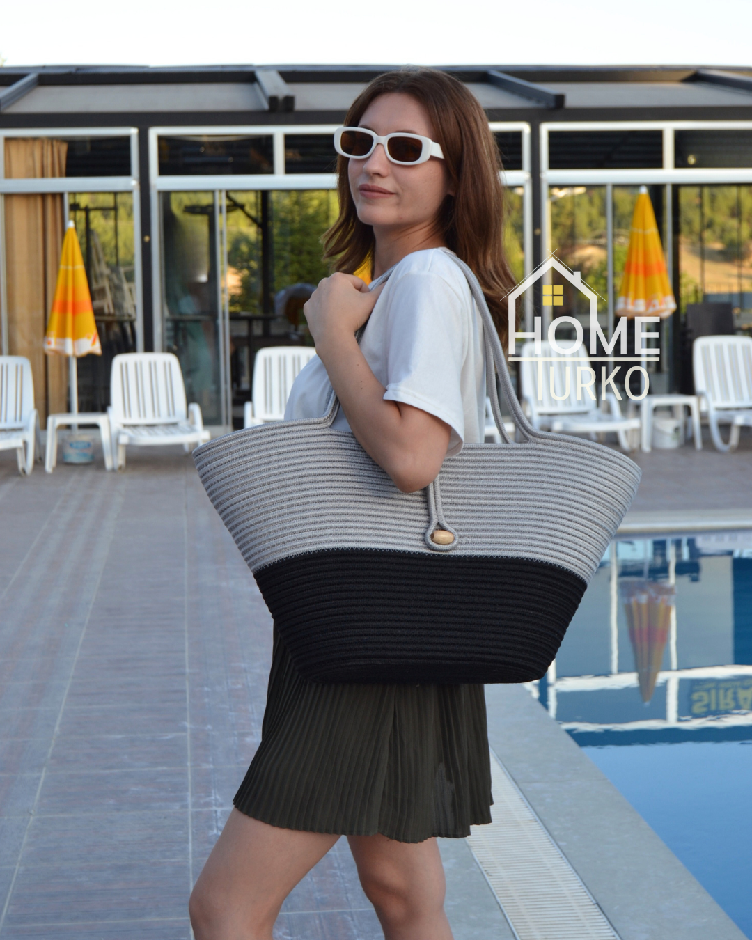 Jute Buttoned Women's Beach Bag Two-Tone Bag