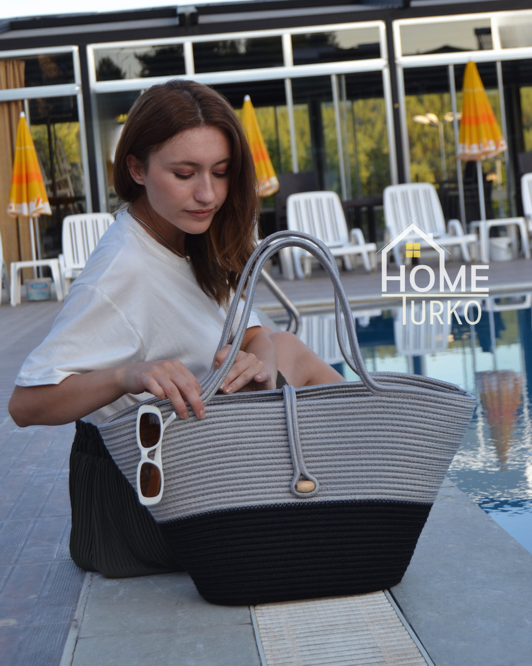 Jute Buttoned Women's Beach Bag Two-Tone Bag