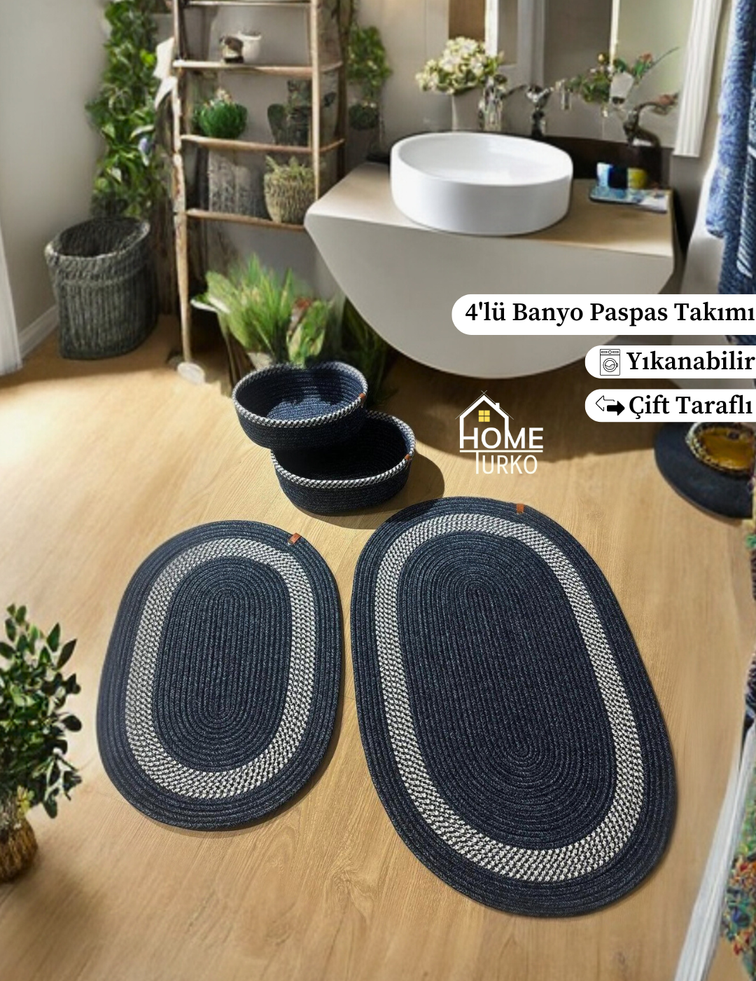 4'lü Bohem Banyo Paspas Takımı Sepetli