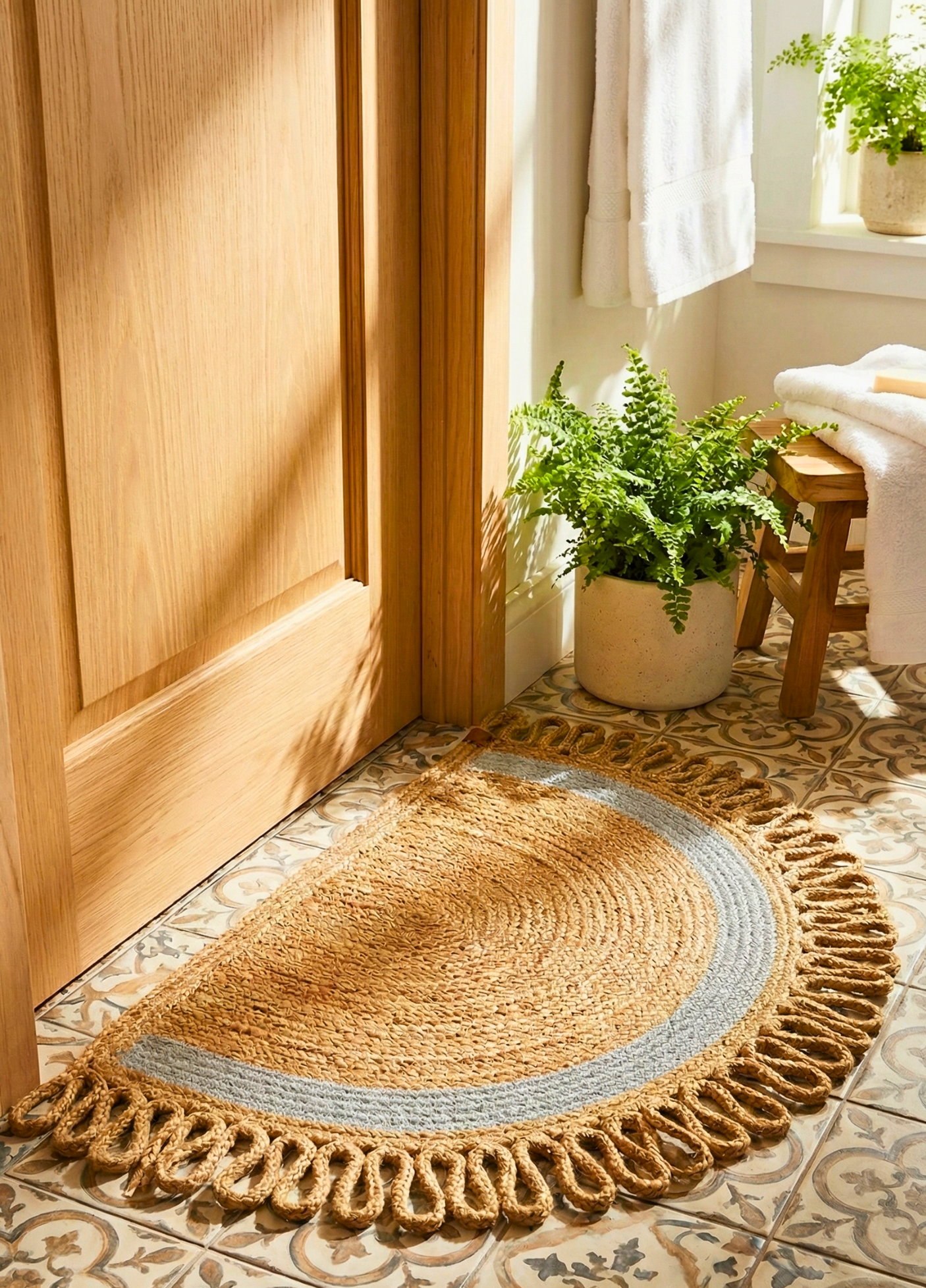LunaLoop Yarım Ay Jüt Paspas El Yapımı Kapı Önü Banyo Balkon Kilimi