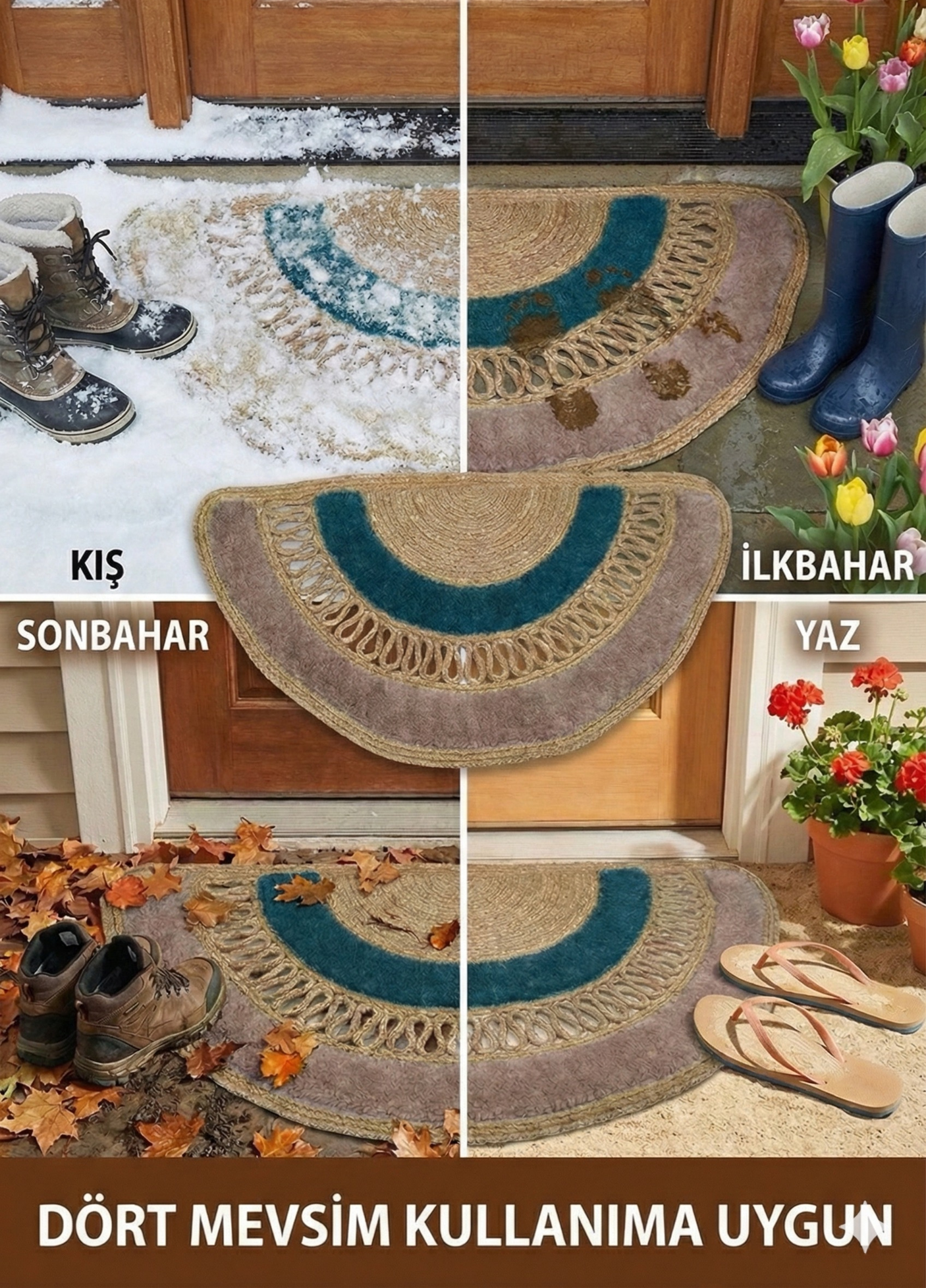 Dünyada İlk! Artisan Glow Yarım Ay Tufting Şeritli Jüt Kapı Önü Paspası