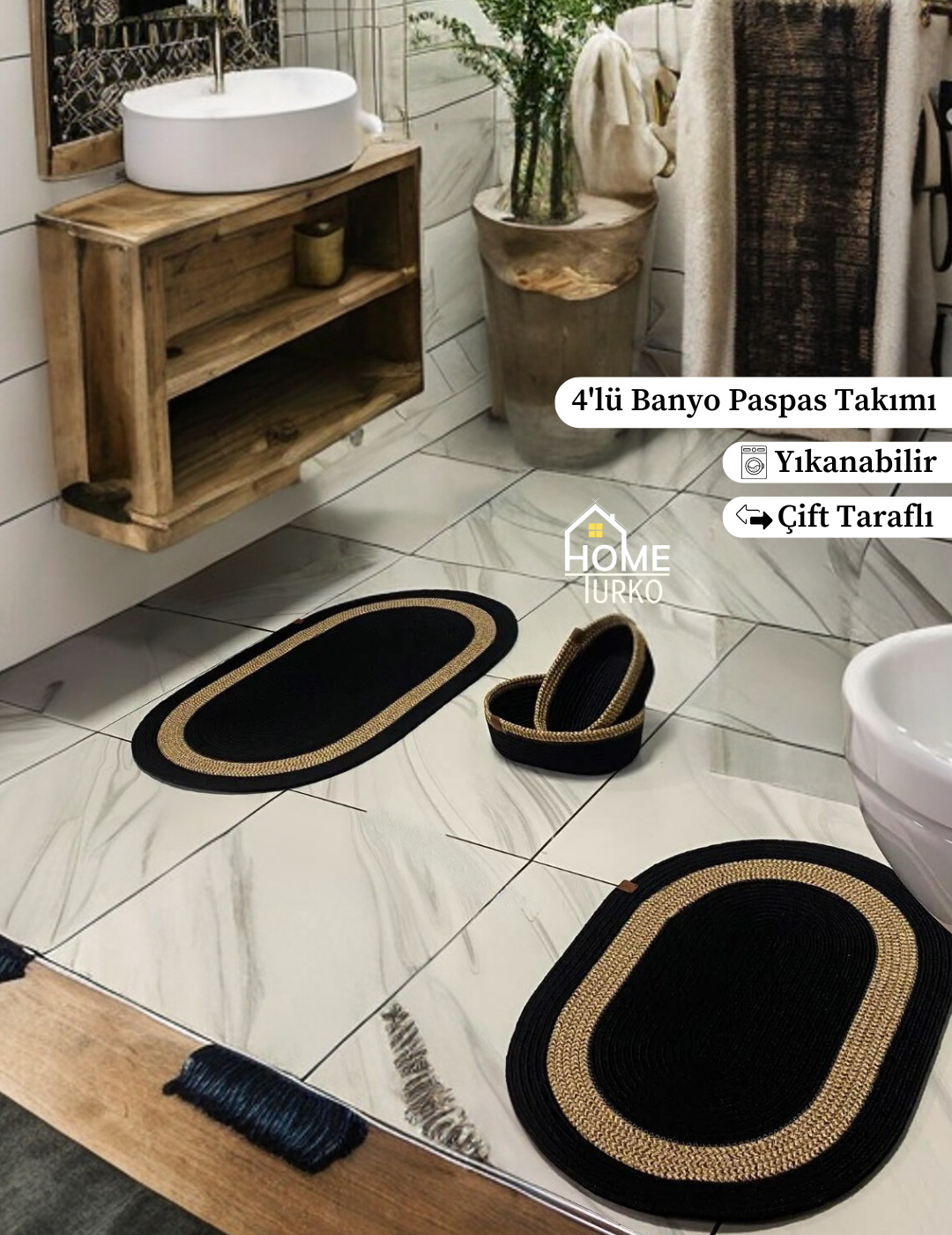 4'lü Bohem Banyo Paspas Takımı Sepetli