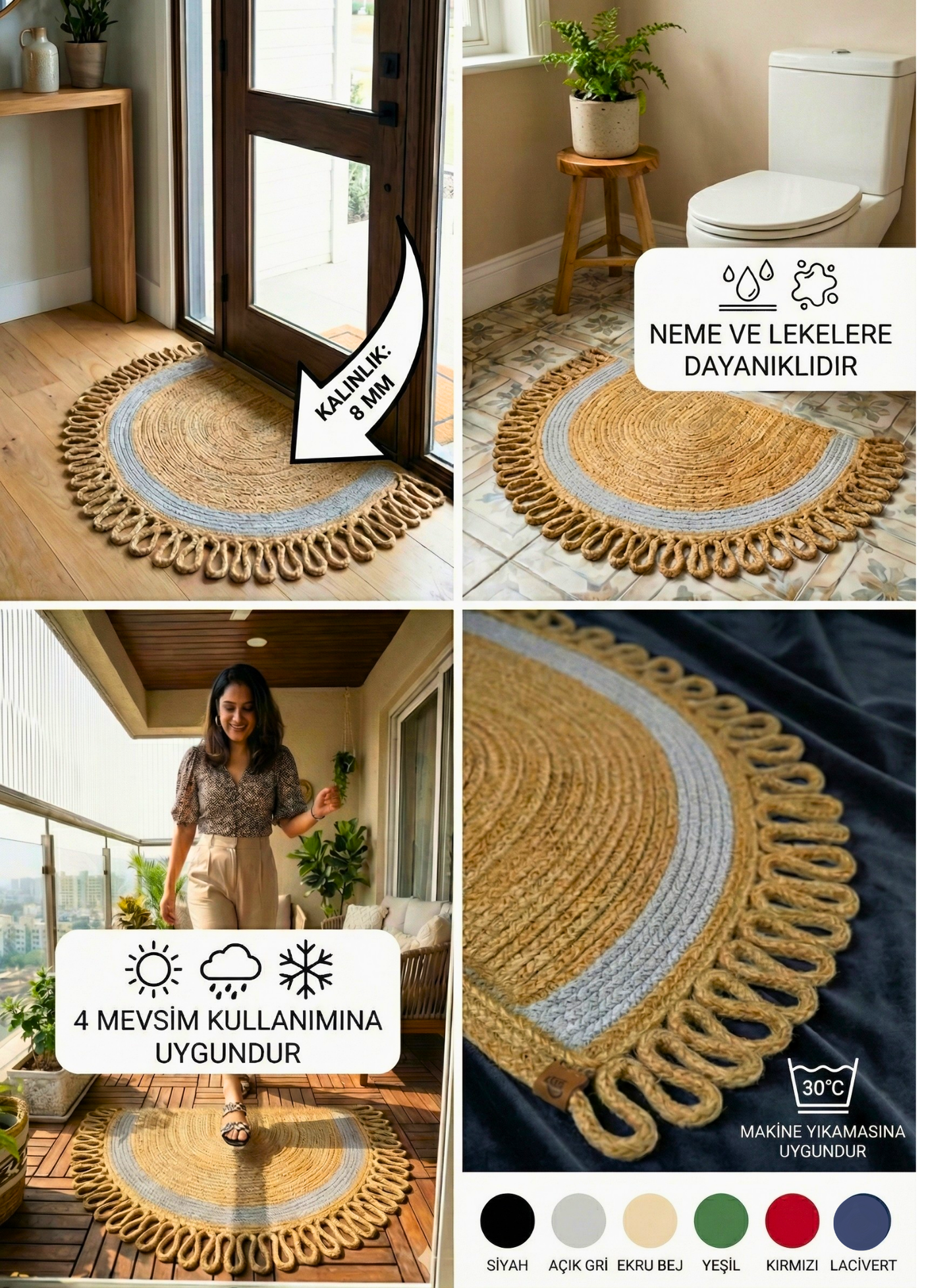 LunaLoop Yarım Ay Jüt Paspas El Yapımı Kapı Önü Banyo Balkon Kilimi