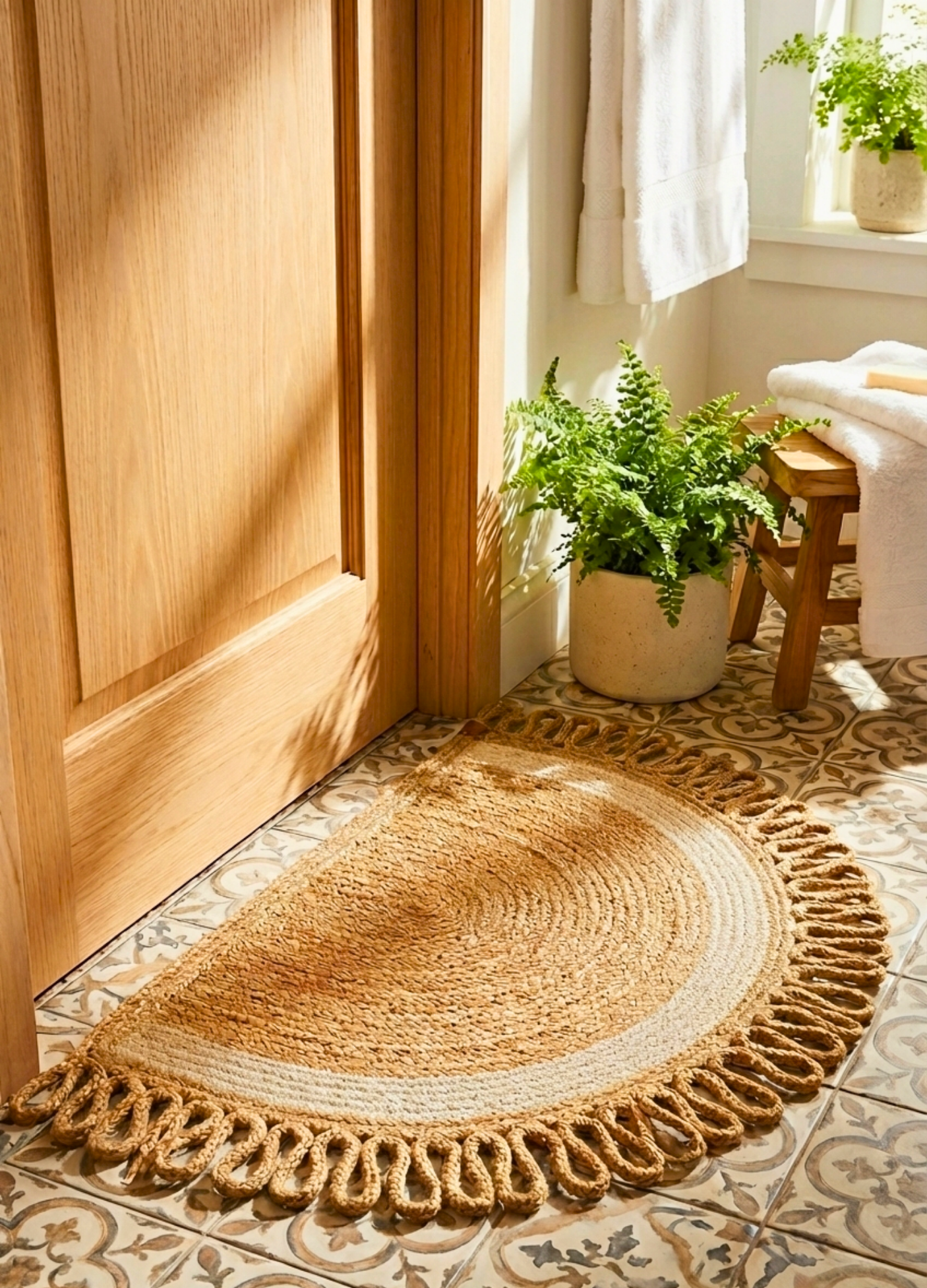 LunaLoop Yarım Ay Jüt Paspas El Yapımı Kapı Önü Banyo Balkon Kilimi