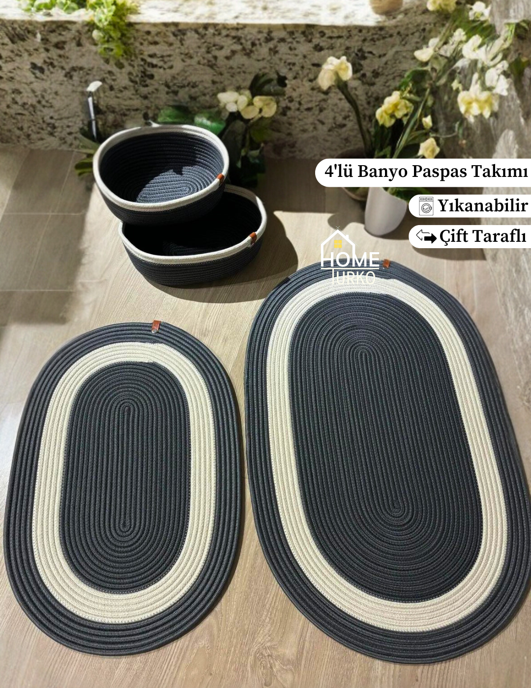 4'lü Bohem Banyo Paspas Takımı Sepetli