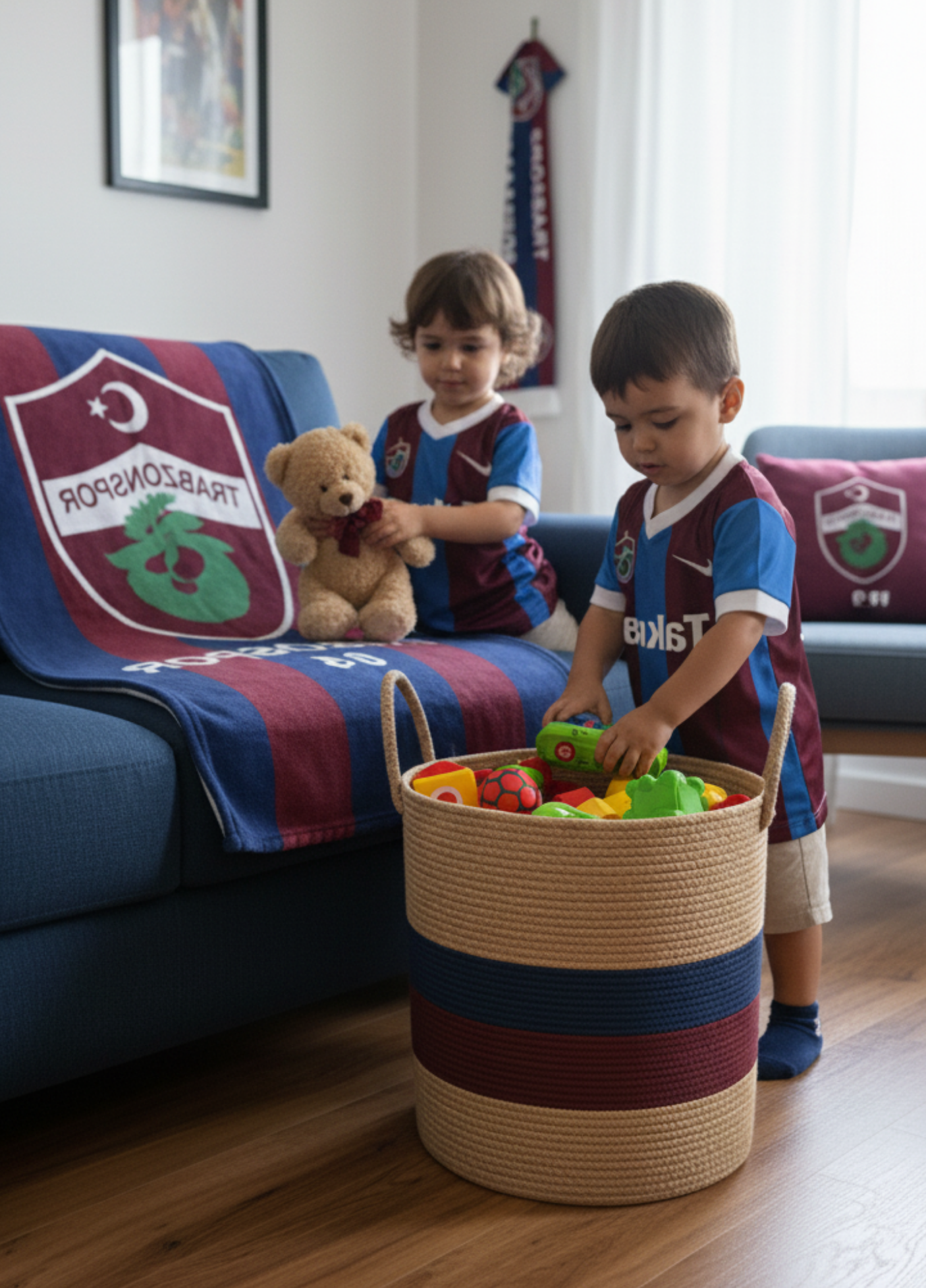 Handmade Jute Team Basket | Decorative and Multi-Purpose Storage Basket in Fan Colors