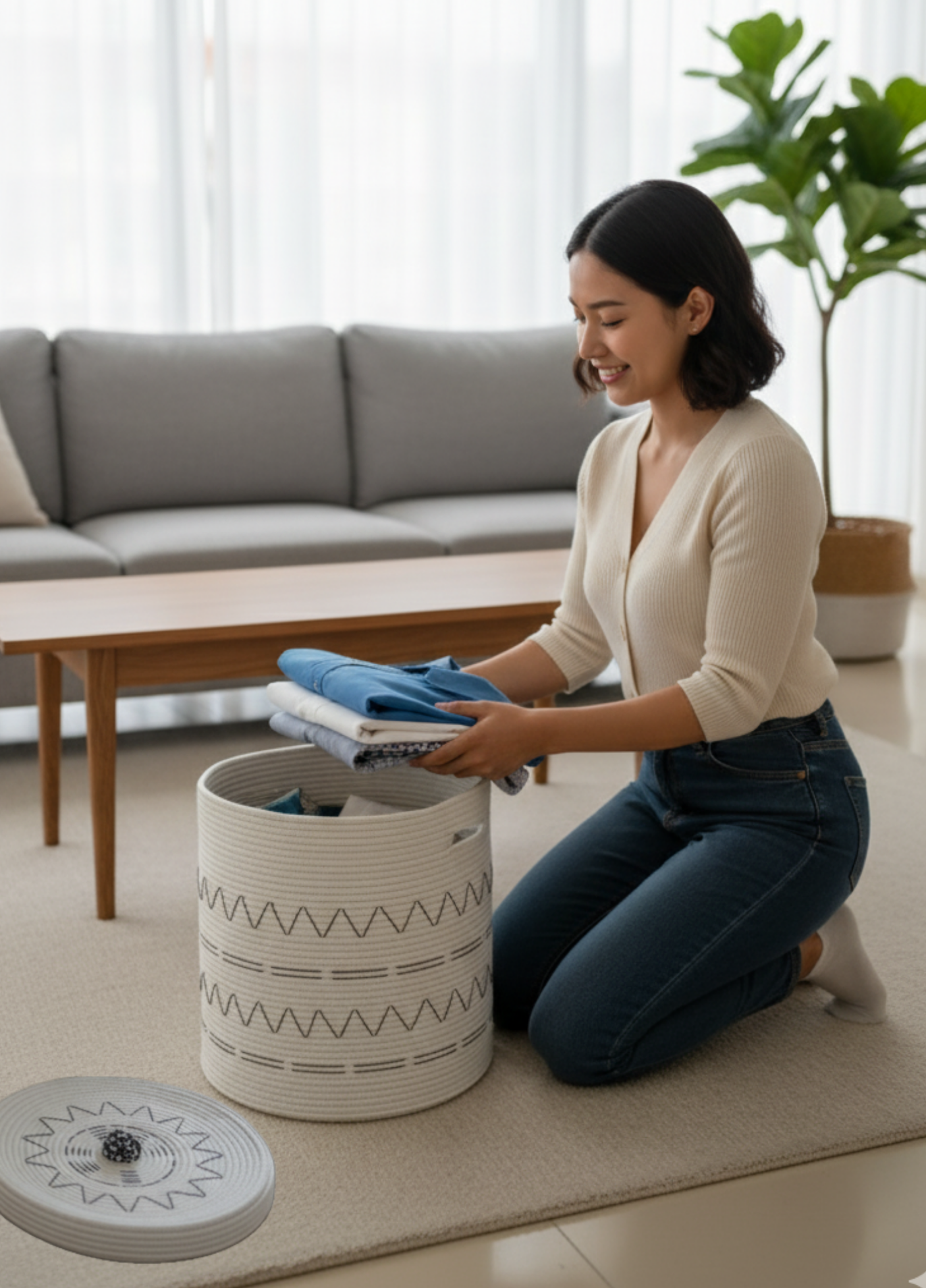 MonoCraft Jute Modern Touch, Handmade Knitted Large Volume Baskets with Lids