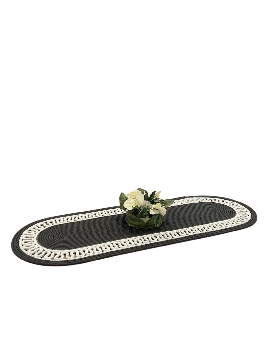 El Örgüsü Jüt Runner Oval Şerit Desenli Masa Sehpa Unite Üstü Dekoratif Örtü (30 X 70 CM)
