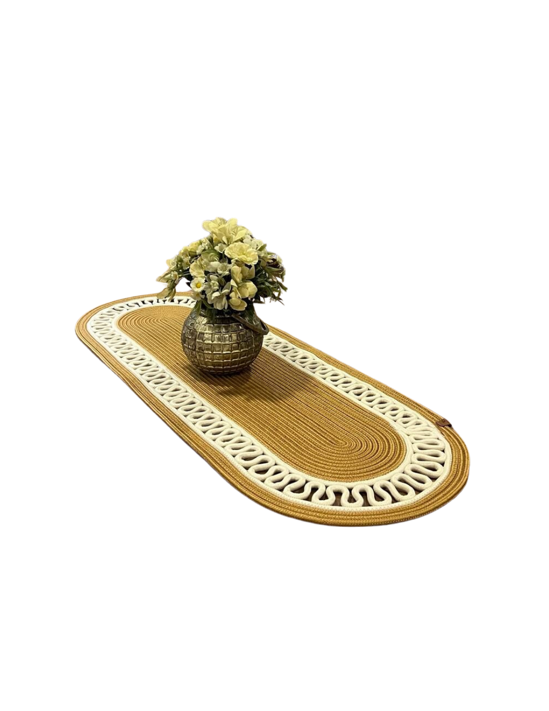 El Örgüsü Jüt Runner Oval Şerit Desenli Masa Sehpa Unite Üstü Dekoratif Örtü (30 X 70 CM)