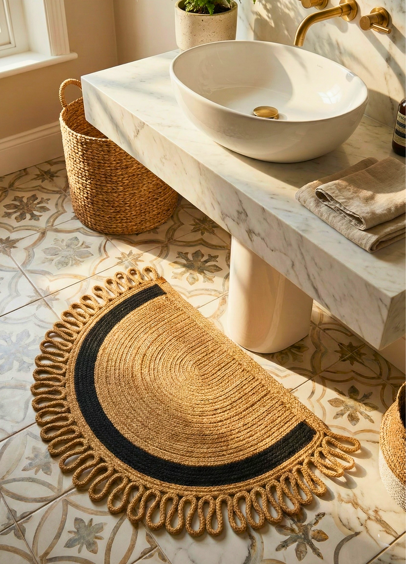 LunaLoop Yarım Ay Jüt Paspas El Yapımı Kapı Önü Banyo Balkon Kilimi