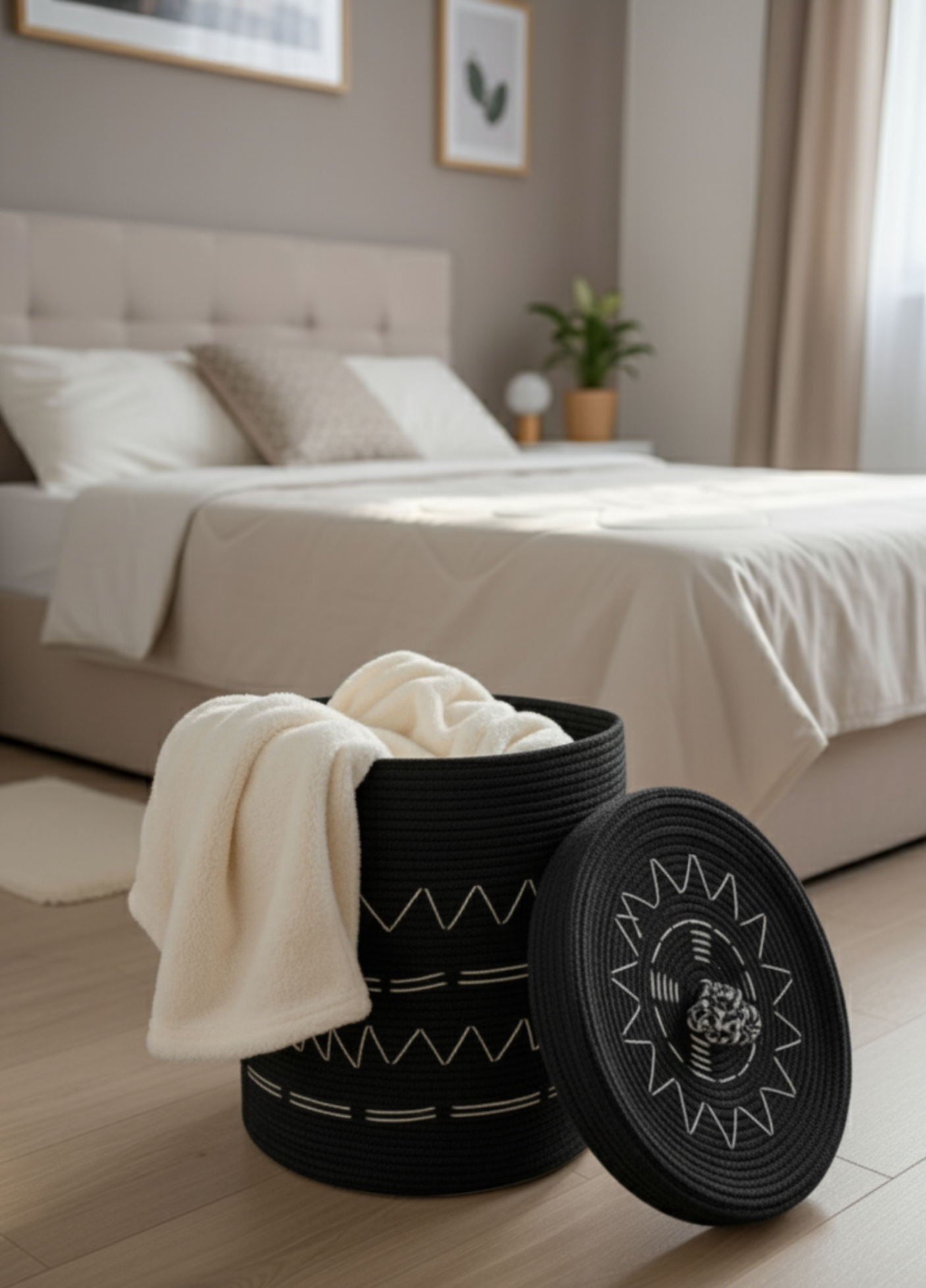 MonoCraft Jute Modern Touch, Handmade Knitted Large Volume Baskets with Lids