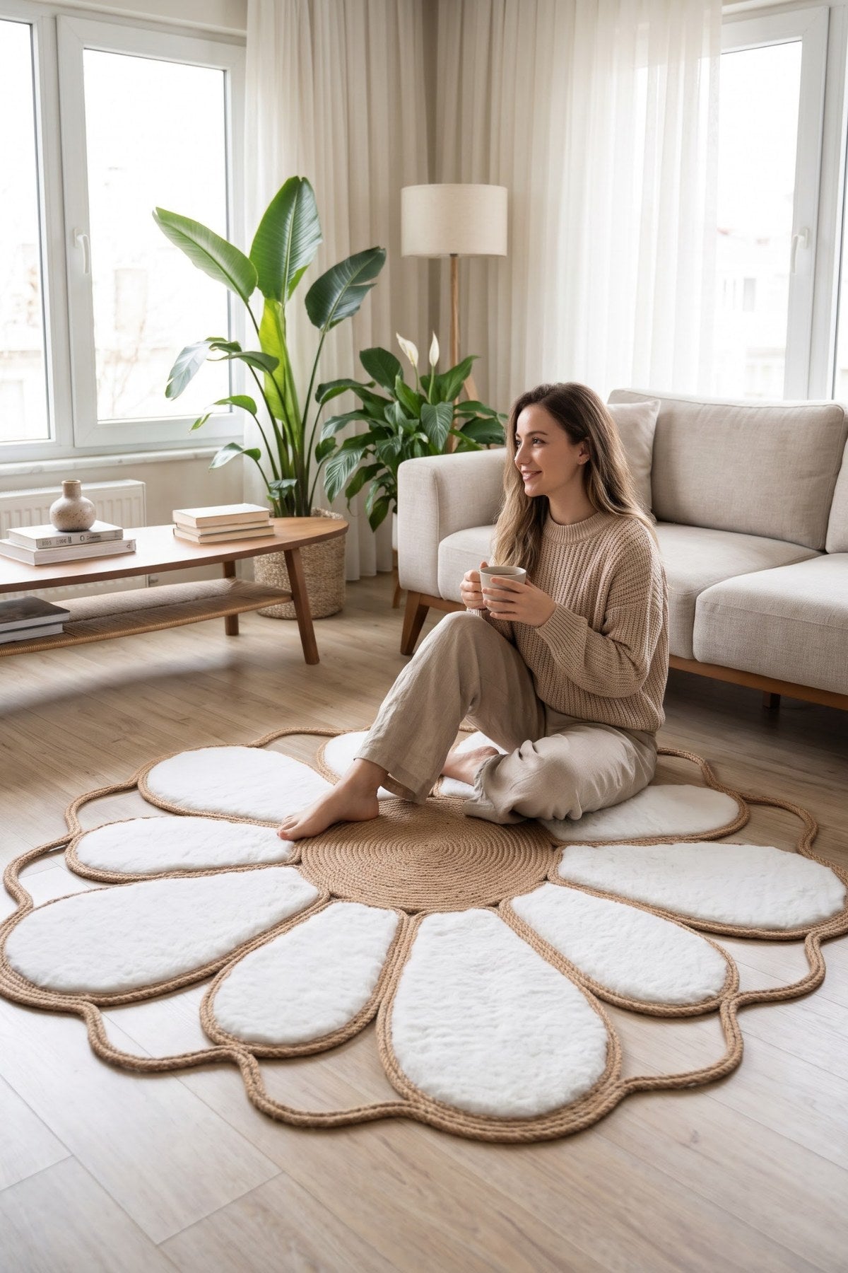 Margherita Papatya Jüt Kilim Peluş Yapraklı El Yapımı Çiçek Halı - görsel 3