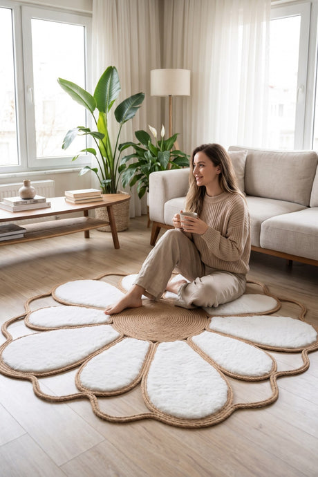 Margherita Papatya Jüt Kilim Peluş Yapraklı El Yapımı Çiçek Halı - görsel 3