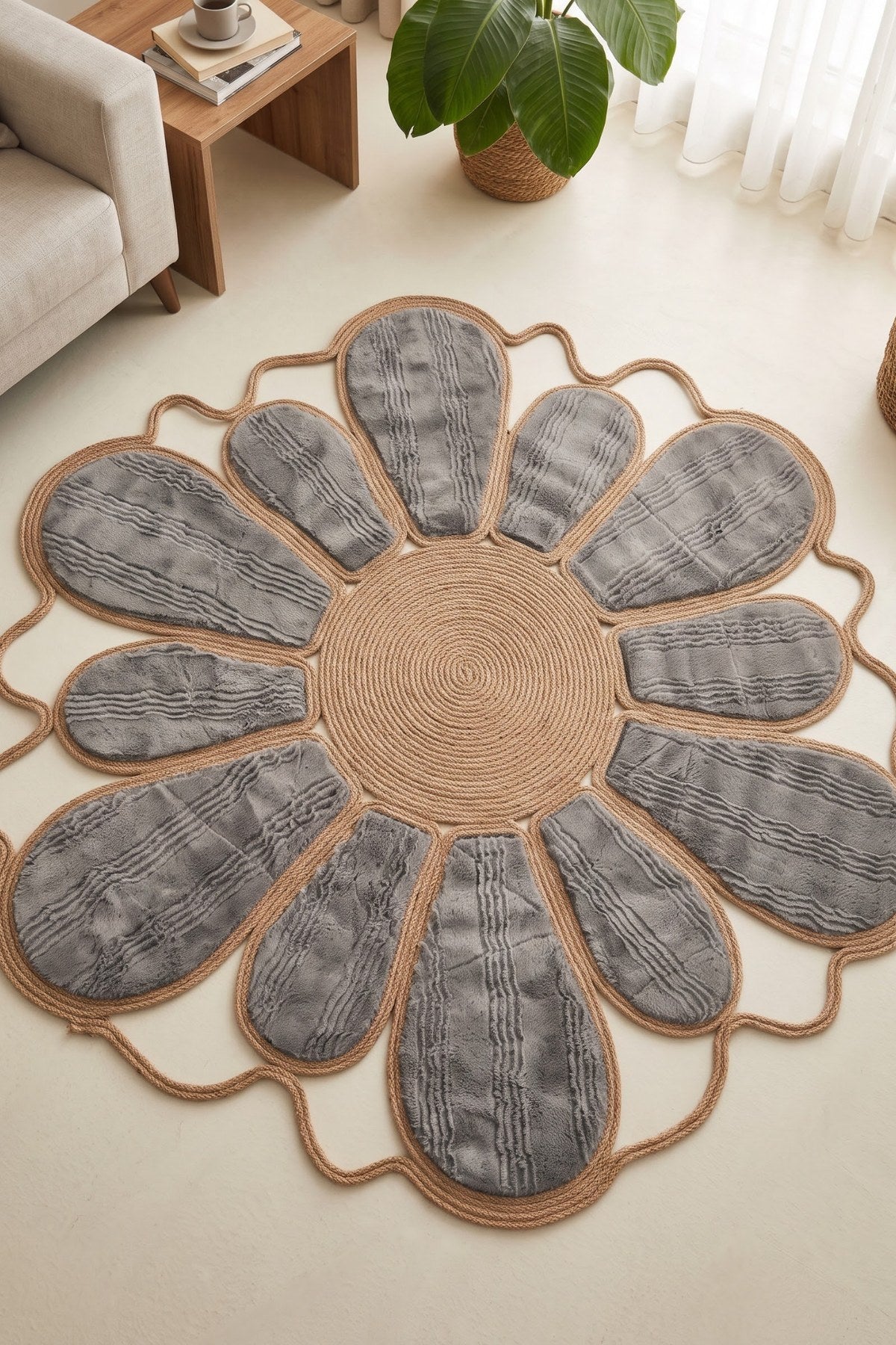 Margherita Papatya Jüt Kilim Peluş Yapraklı El Yapımı Çiçek Halı - görsel 2