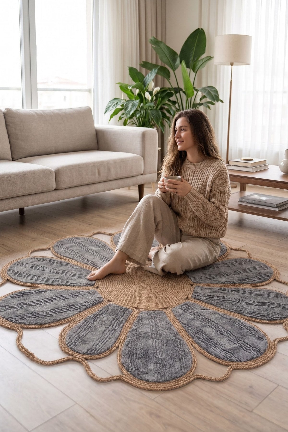Margherita Papatya Jüt Kilim Peluş Yapraklı El Yapımı Çiçek Halı - görsel 6
