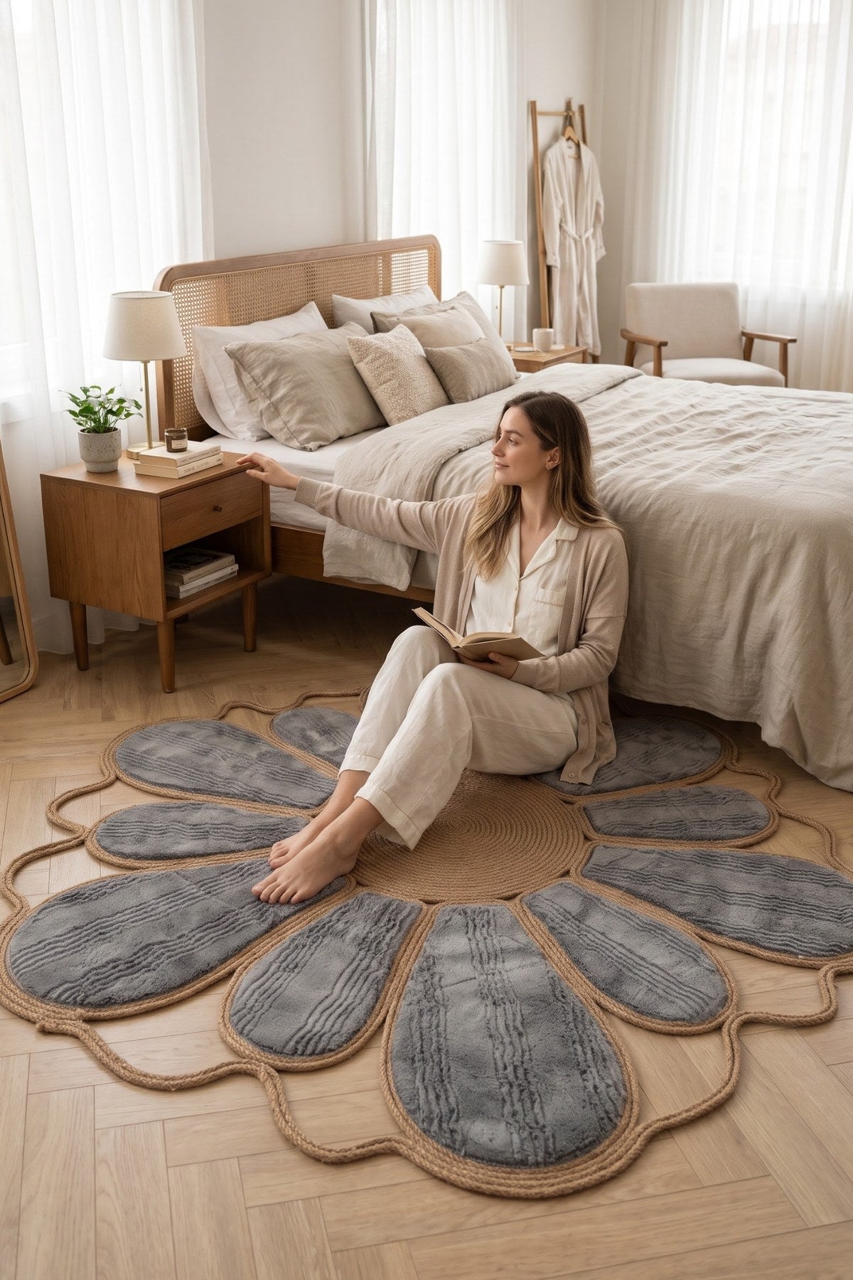 Margherita Papatya Jüt Kilim Peluş Yapraklı El Yapımı Çiçek Halı - görsel 7