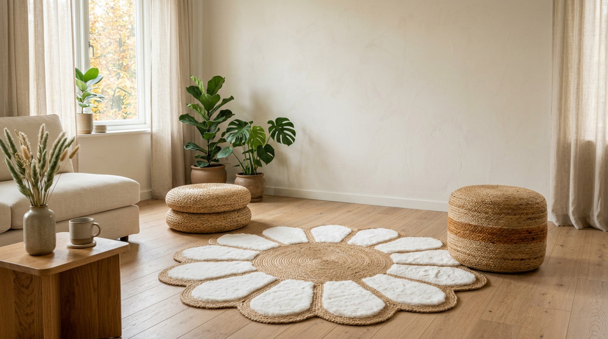 El yapımı jüt kilim, puf ve minderle döşenmiş sıcak salon köşesi